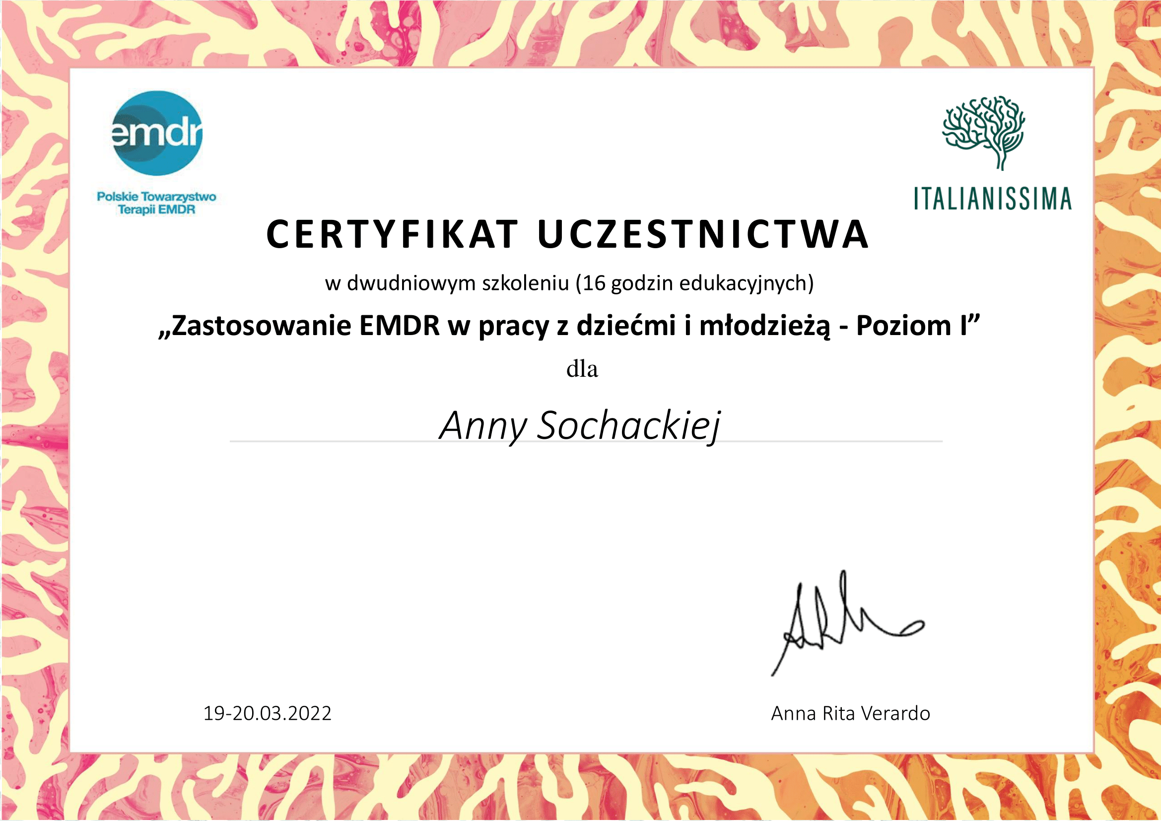 2022 EMDR VERARDO praca z dziecmi poziom I-1
