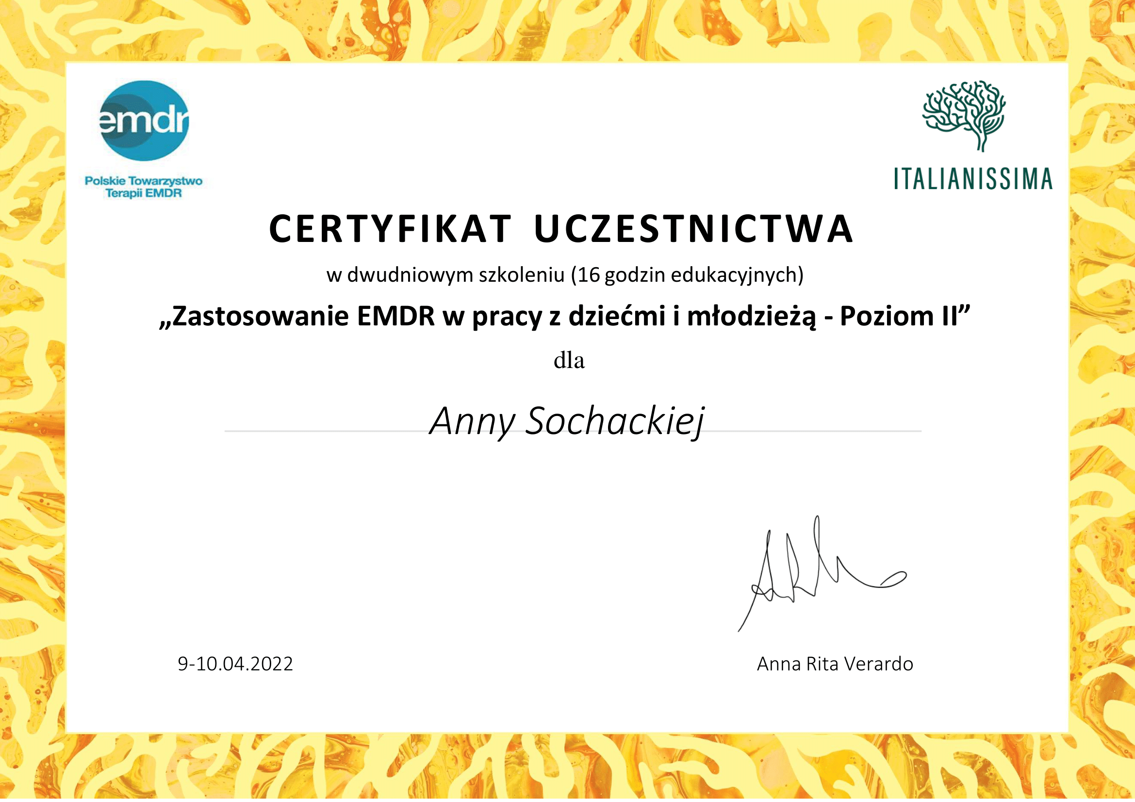 2022 EMDR VERARDO praca z dziemi poziom II-1